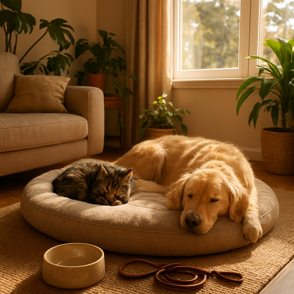 A golden retriever and tabby cat resting comfortably at home