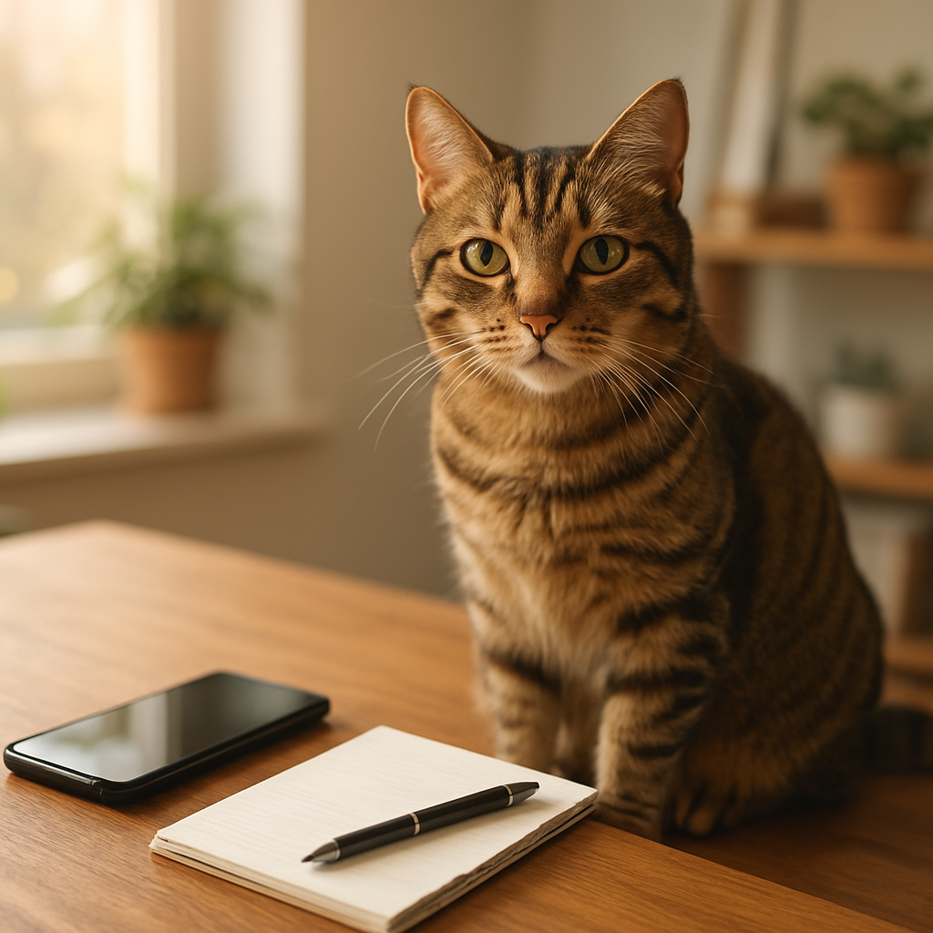 A tabby cat resting beside a phone on a sunny home desk