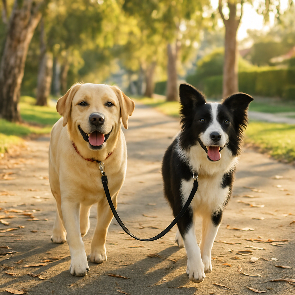 Two dogs walking on a leafy Australian suburban footpath