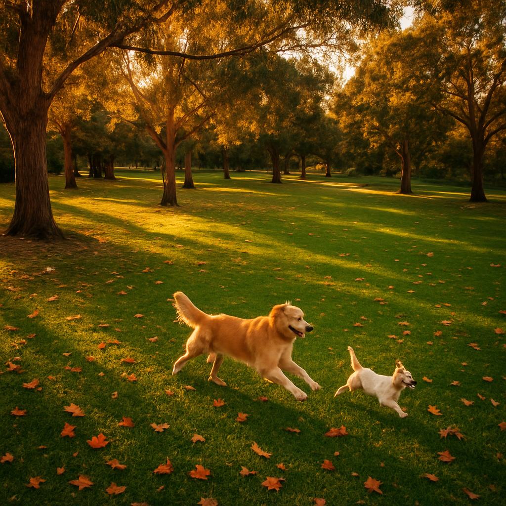 Happy dogs running in a sunny Australian park