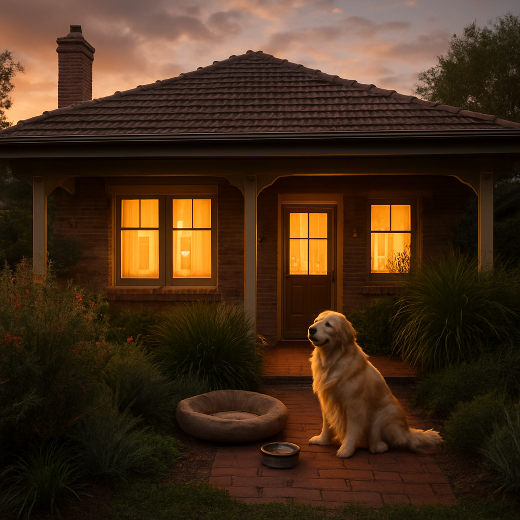 A golden retriever sitting contentedly on a home porch at golden hour