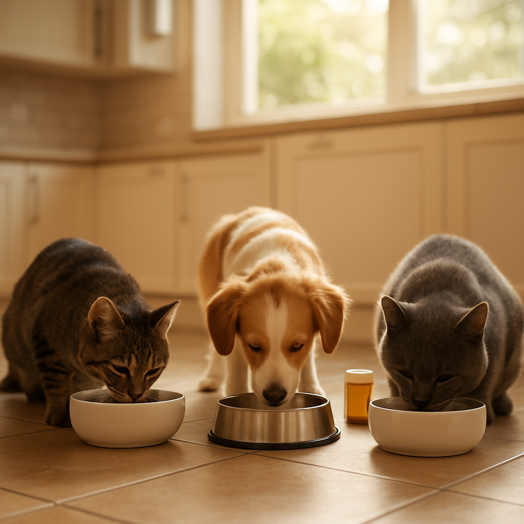 Cats and a dog eating from clean bowls in a bright Australian home kitchen